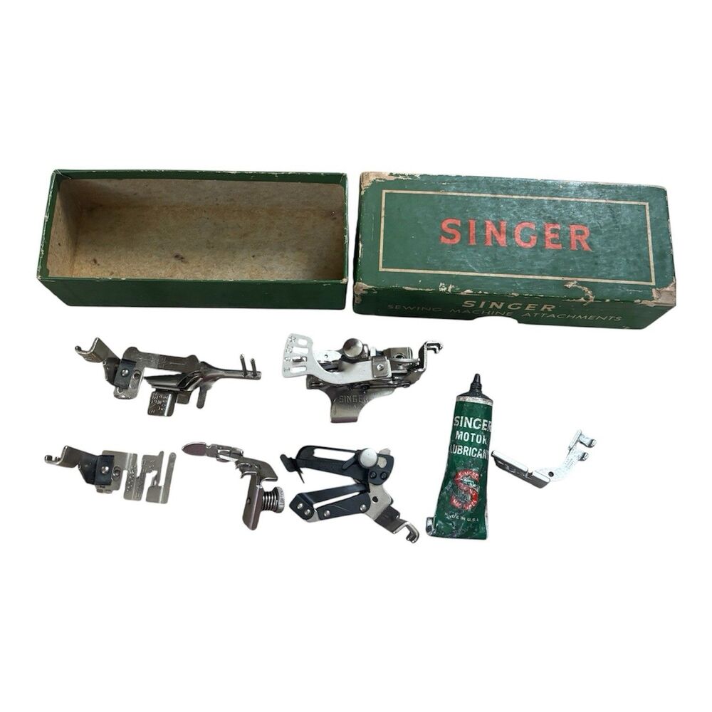 VTG Singer sewing Machine Box Attachments Slant Shank Blind Stitch Motor Lubrica